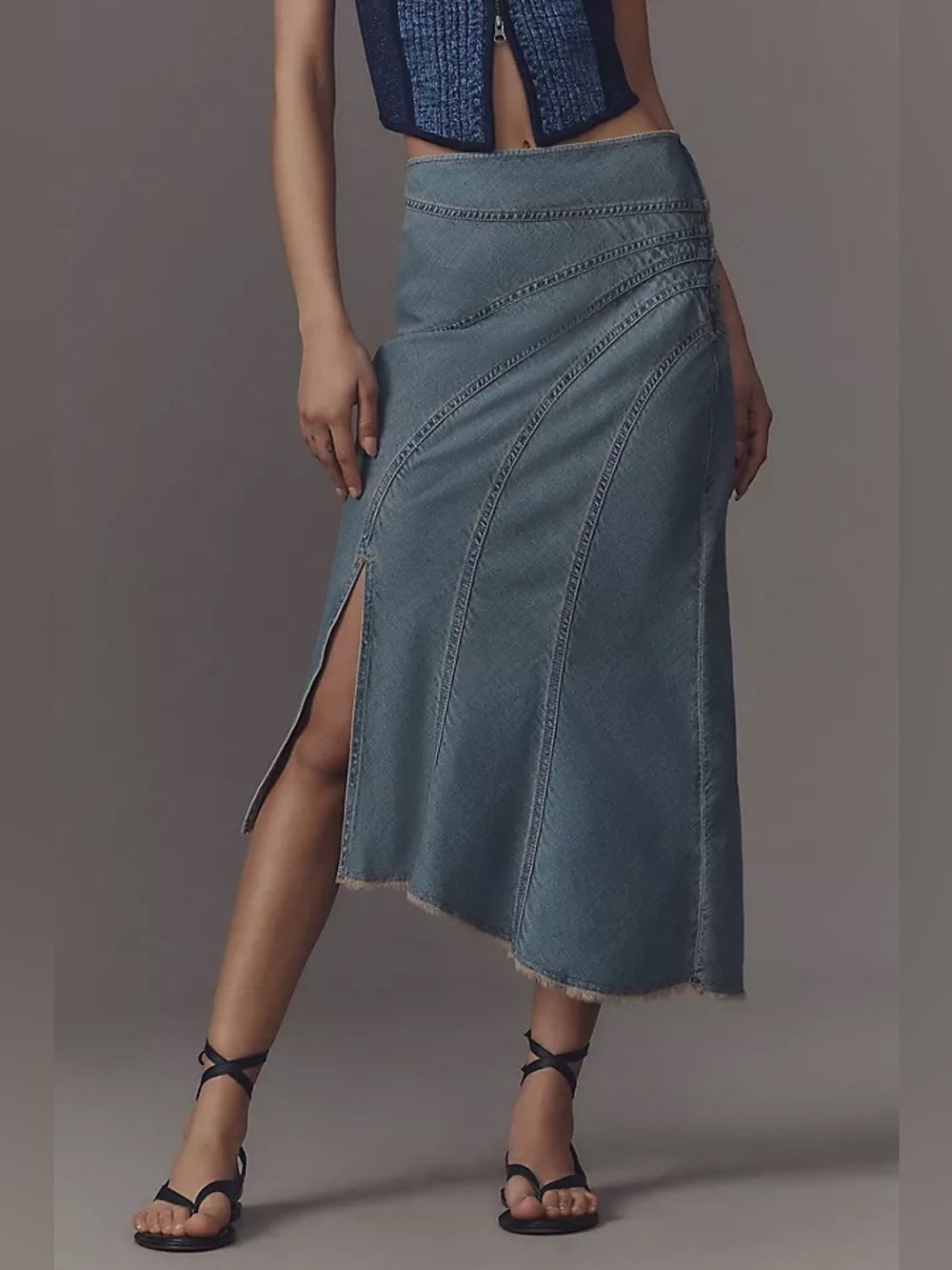 Pilcro Anthropologie Asymmetric Seamed Denim Midi Skirt Size 6